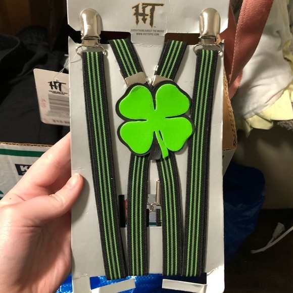 Hot Topic NEW neon Green mens suspenders st Patrick’s day 4 leaf clover - Picture 2 of 6